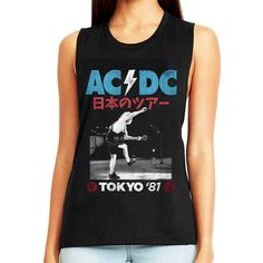 "AC/DC Women's Muscle Tank Top by American Classics Part Scottish, part Aussie, 100% High Voltage Rock Legends! Formed in Sydney in 1973, AC/DC went from Dirty Deeds Done Dirt Cheap on the Highway to Hell to Back to Black in The Flick of the Switch! They have sold over 200 million albums worldwide and they are still working on new music. Wear some rock history, this cool AC/DC graphic t-shirt is vintage style print with a distressed look as if you bought it at an AC/DC Concert Tour in the 80's W Metal Concert, Japan Tour, Womens Muscle Tank, Angus Young, Muscle Tank Top, Women's Muscle, Graphic Tank Tops, Festival Tops, Muscle Tank Tops