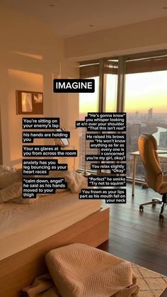 a bedroom with a large window overlooking the cityscape and an office chair in front of it