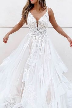 Romantic wedding dress,Tulle Wedding Dress,Appliques wedding dress,A-Line Wedding dress,878 on Storenvy Lace Wedding Dress With Sweep Train For Prom Season, White Lace Back Floor-length Wedding Dress, Lace Floor-length Wedding Dress With Sweep Train, Lace Wedding Dress With Sweep Train, White Floor-length Wedding Dress With Lace Bodice, White Floor-length Lace Bodice Wedding Dress, White Wedding Dress With Sweep Train For Bride, White Lace Back Dress For Debutante Ball, Lace Ball Gown For Wedding And Prom Season