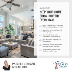 a flyer for a realty group shows the living room with couches and chairs