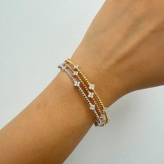 Real Natural Diamond Bracelet, Beaded Flexible Bangle, Flower Cluster, 14k Solid Yellow White Rose Gold. Flexible Diamond Bangle. This bangle is loose fit.  1. 6 inch bangle fits 6-7 inch. (6 Inch bangle will take 2-3 weeks to be shipped)  2. 7 inch bangle fits 7-8 inch.  This beautiful flexible tennis bangle is perfect for every day wear and can be stacked with other bracelets. Choose your gold color preference. This makes the perfect gift for Graduations, Birthdays, Anniversaries, Christmas, H Precious Stones Bracelet, Ruby Bracelet, Flower Cluster, Diamond Bangles Bracelet, Bracelet Beaded, Diamond Bangle, Rose Gold Metal, Luxe Gifts, Keep Jewelry