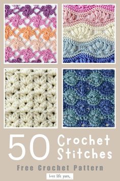 the 50 crochet stitches pattern is shown in four different colors