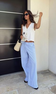 @lglora Pyjama Style Outfit, Pijama Pants Outfit, Pyjama Pants Outfit, Blue Linen Pants Outfit, Blue Linen Pants, Linen Pants Outfit, Striped Trousers, Summer 24, Straight Trousers