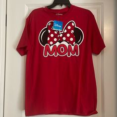 Brand New With Tag Size Women’s Medium Red Minnie Mouse Short Sleeve Top, Red Short Sleeve Top With Minnie Mouse, Fun Red Minnie Mouse T-shirt, Red Character Print Top, Red Mickey Mouse T-shirt For Disney Fan Events, Fun Red Minnie Mouse Top, Fun Red Tops For Disney Fan Events, Red Cotton Mickey Mouse T-shirt, Red Mickey Mouse Cotton T-shirt