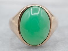 Originally designed for a man, this vintage ring is perfectly proportioned, and an excellent piece for a lady's hand, as well. We particularly like the curve of the undercarriage, making this super comfortable on the finger.Metal: 10K Yellow GoldGem: ChrysopraseGem Measurements: 15.7 x 12.0 mm, OvalRing Size: 10Marks: “HB 10K” Stamped on the inside band Classic Oval Chrysoprase Ring, Classic Round Chrysoprase Rings, Fine Jewelry Chrysoprase Ring, Classic Chrysoprase Ring Jewelry, Handmade Elegant Chrysoprase Ring, Vintage Chrysoprase Ring Jewelry, Chrysoprase Ring, Solitaire Ring, Vintage Rings