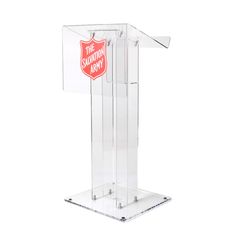 a clear podium with the salvation army logo on it