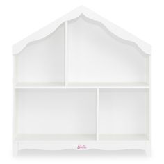 a white shelf with three shelves on each side and the word barbie written in pink