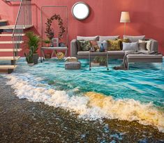 a living room with water on the floor and stairs in the background, as if it were underwater