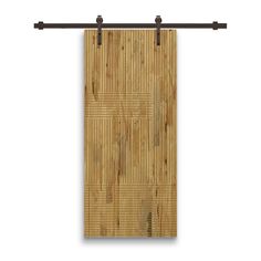 a bamboo door with black metal handles on the top and bottom, in front of a white background