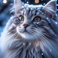 a close up of a cat with snow on it's fur and eyes looking at the camera