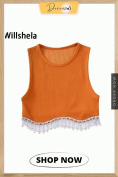 Women Fashion Camis with Beading Hem Cropped Sleeveless Vest Vintage O Neck Female Chic Lady Crop Tank Tops Sleeveless Orange Crop Top For Spring, Orange Sleeveless Tank Top For Spring, Sleeveless Lace Trim Crop Top For Spring, Orange Sleeveless Vest For Summer, Sleeveless Lace Trim Vest For Spring, Sleeveless Summer Vest With Lace Trim, Sleeveless Cotton Crop Top With Lace Trim, Orange Summer Vest, Sleeveless Lace Trim Summer Vest