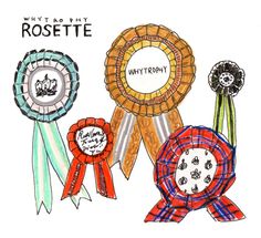 three ribbons with the words what do my rosette written on them? and an image of two dogs