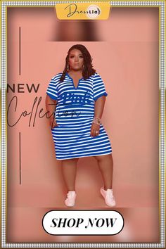 Striped V-neck Short Sleeve Casual Plus Size Dress Oversized Streetwear, Striped Short, Color Pick, Plus Size Casual, Plus Size Dress, Fashion Flats, V Neck Dress, Women's Style, Plus Size Fashion