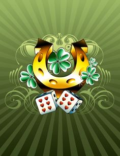 a green background with two dice and shamrocks on it's side, the image is