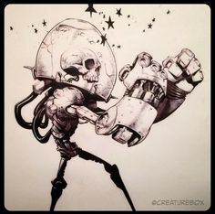 a black and white drawing of a skeleton holding two beer cans with stars in the background