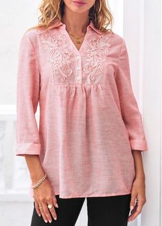 Size:S;Size:M;Color:Pink;Package Contents:1 X Blouse;Style:Casual;Composition:100%Polyester;Occasion:Staycation;Color Scheme:Pink;Season:Spring;Washing Instructions:Hand Wash;Clothing&apos;s Length:Long;Neckline:Turndown Collar;Pattern Type:Solid;Sleeve&apos;s Length:Three Quarters Sleeve;Decoration:Lace Patchwork; Pink Designs, Blouse Necklines, Trendy Tops For Women, Pink Tunic, Fashion Tops Blouse, Trendy Blouses, Street Style Trends, Kurta Designs, Casual Fall Outfits