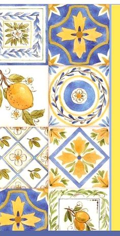 an artistic tile design with lemons and leaves