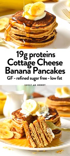 These Cottage Cheese Banana Pancakes are delicious high-protein banana pancakes made from the blended cottage, with no protein powder needed Cottage Cheese Banana Oatmeal Protein Pancakes, Banana Cottage Cheese Pancakes, Cottage Cheese Banana Pancakes, Cottage Cheese Oatmeal Pancakes, Cottage Cheese Banana, Breaky Ideas, Cottage Cheese Protein Pancakes, Banana Protein Pancakes, High Protein Pancakes