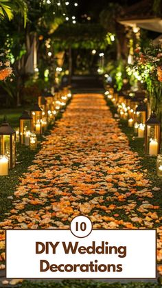 DIY wedding decorations featuring a romantic outdoor aisle with orange rose petals, lanterns with candles, and lush greenery illuminated by warm lights.