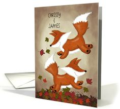 a card with three foxes on it and leaves in the foreground that says cressy & james