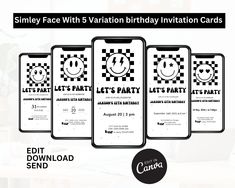 five birthday party cards with smiley faces on them