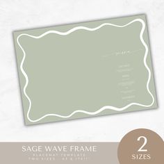 the sage wave frame wedding place card is shown in two sizes and has a beige border