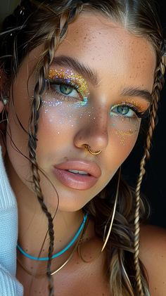 Coachella Inspired Makeup, Festive Glitter Makeup, Neon Music Festival Outfits, Edc Rave Makeup, Maquillaje Festival Coachella, Maquillage Festival Coachella, Coachella Makeup Glitter, Glitter Outfit Ideas, Make Up Coachella