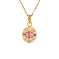 Pink Tourmaline Cabochon & Turquoise 14K Gold Vermeil Over Sterling Silver Art Deco Enameled Pendant 925 Silver = 1.70 gm. Pink Tourmaline Cabochon & Turquoise = 1.00 ct. Tourmaline is the birthstone for October and is a symbol of love, joy and happiness. Turquoise is the birthstone for December and is a symbol of opulence. The beautiful Pendant measures to be 1.00 inches long including bale and 0.50 inches wide at its maximum points. The Pendant have been made by a team of highly trained and skilled artisans. 14K Gold Vermeil Over 925 Sterling Silver Chain can be provided at additional cost of US$ 25.00 What is Vermeil 14K Gold? It is a thick layer of 14K Gold plating on 925 Sterling Silver. If for any reason you are not completely satisfied, you may return, exchange, replace, or credit y Yellow Gold Enamel Oval Pendant Jewelry, Yellow Gold Enamel Oval Jewelry, Oval Yellow Gold Enamel Jewelry, Gold Oval Enamel Jewelry, Oval Gold Enamel Jewelry, Enamel Necklace With Cabochon Round Pendant, Enamel Yellow Gold Jewelry With Cabochon, Round Pendant Necklace With Enamel And Cabochon, Enamel Cabochon Round Pendant Necklace