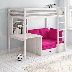 a white bunk bed with futon underneath it and a futon sofa underneath the bed