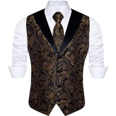 Color: 18 Black Gold Slim Fit -Silk -Drawstring Closure -Gift Setpackage Included: Black Gold Paisley Vest*1 + Matching Necktie*1 + Pocket Square*1 + Cufflinks*2. Our Men's Suit Vest And Tie Set Is A Great Gift For Halloween, Father’s Day, Christmas, Thanksgiving Day, Anniversary, Graduation, Etc. -Designsleeveless, V-Neck, 4 Buttons, Slim Fit, Full Back Paisley Waistcoat. The Strap And Buckle On The Back To Tighten The Size,So You Can Wear It In All Seasons. Woven Jacquard Vest And Necktie Set Tuxedo For Big Men, Classic Gold Party Sets, Black Sleeveless Formal Set, Festive Fitted Gold Suits, Formal Fitted Gold Sets, Gold Fitted Formal Sets, Black Fitted Satin Set, Fitted Black Satin Set, Elegant Sleeveless Satin Sets