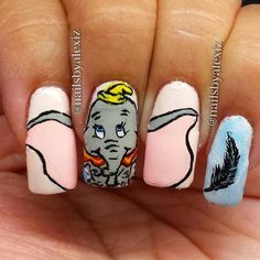 Dumbo Nails Alice In Wonderland Nails, American Nails, White Nail Designs, Best Nail Art Designs, Super Nails, Art Disney