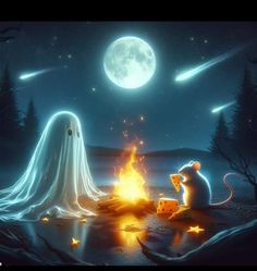 a mouse sitting next to a campfire in front of a full moon