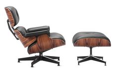 an eames chair and ottoman with black leather upholstered on the backrest