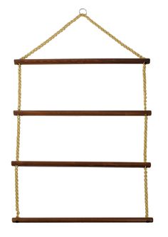 a wooden hanging shelf with rope on it