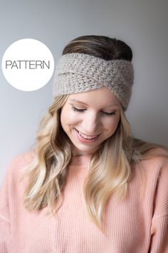 a woman wearing a knit headband with the text pattern above it that says,