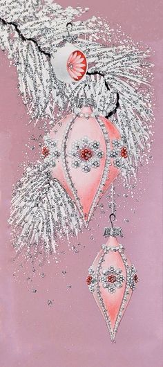 a pink christmas ornament with white feathers and ornaments hanging from it's side