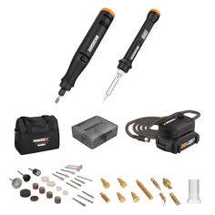 an assortment of tools including drill, screwdriver, and other items are shown