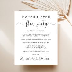 a white card with the words happily ever after party written on it