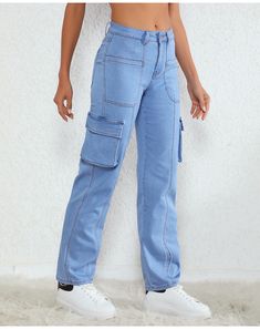 Women's Cargo Denim Pant Straight Leg Loose Stretch Pocket Cargo Jeans Cargo Pants Fit, Style Cargo Pants, Streetwear Jeans, Style Cargo, Spring Outfits Women, Women Cargos, Style Streetwear, Crop Top Blouse, Cargo Jeans