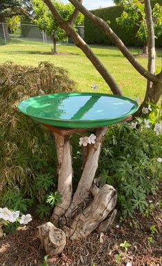 a green table sitting on top of a tree stump