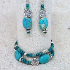 Turquoise Beaded Jewelry Set Bracelets & Earrings - Etsy Adjustable Turquoise Bohemian Jewelry Sets, Adjustable Turquoise Beaded Dangle Bracelets, Adjustable Turquoise Earrings With Spacer Beads, Turquoise Bead Jewelry, Turquoise Bead Bracelet, Turquoise Beads, Metal Beads, Jewelry Set, Turquoise Bracelet