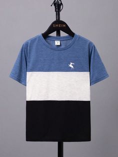 Tween Boy Casual Style Color Block Deer Pattern Knit T-Shirt Blue Casual  Short Sleeve Knitted Fabric Animal,Colorblock  Slight Stretch  Tween Boys Clothing, size features are:Bust: ,Length: ,Sleeve Length: Color Block Shirts, Deer Pattern, Deer Print, Boys Top, Boys Casual, Print Tee, Knitted Tshirt, Colour Block, Boys Clothing