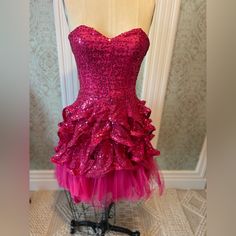 Betsey Johnson, Dark Pink Sequins. Strapless Dress Size 4 Petticoats Not Included. Like New In Bag. Pink Fitted Strapless Dress For Homecoming, Y2k Cocktail Dress, Pink Fitted Strapless Dress, Fitted Pink Strapless Dress With Sequins, 2000s Hoco Dress, Dark Pink Dress, Pink Outfits Aesthetic Baddie, 80s Glam, Pink Party Outfit