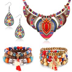 PRICES MAY VARY. 🌻Bohemian Jewelry Set🍀 -- You will get 2 pcs beaded bracelet for women, 1 pcs colorful bohemian necklace and 1 pair of boho earrings. Retro and casual design, exquisite and unique appearance, very suitable for people who have ethnic feelings or love boho chic. 🍀Just The Perfect Size🌻 -- The pendant necklace: 18.5 inches/47cm+2 inches/5cm in total length; bead bracelets: Approx 3.1 inches/8cm - 3.3inches/8.5 cm; bohemian dangle earrings: 1.9 inches/4.8cm. Suitable size for mo African Beaded Bracelets, Costume Necklace, Dangle Earrings Boho, Vintage Jewelry Sets, Costume Necklaces, Bohemian Colors, Party Kleidung, Bohemian Necklace, African Beads