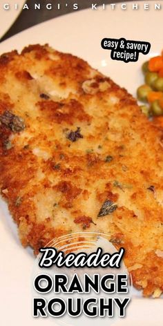 an image of breaded orange roughy chicken on a plate with vegetables and carrots