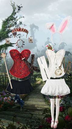 an animated image of two women dressed up in bunny ears, dresses and headbands