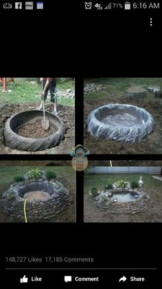 the process of building a fire pit in an old tire