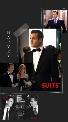 the collage shows several men in tuxedos, suits and bow ties with text that reads harry