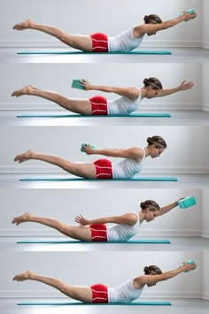 the woman is doing exercises with her legs and arms in three different positions, including one on an exercise mat