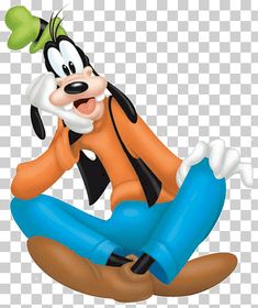 goofy the dog cartoon character sitting down with his legs crossed, wearing blue pants and a green bow